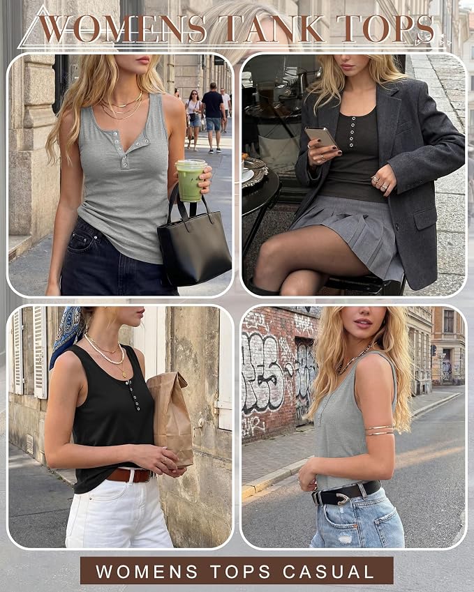 Ficerd 3 Pack Women's Henley Tank Tops Sleeveless Button Down Summer Shirts 2026 Casual Trendy Loose U Neck Tee Blouses - Image 3