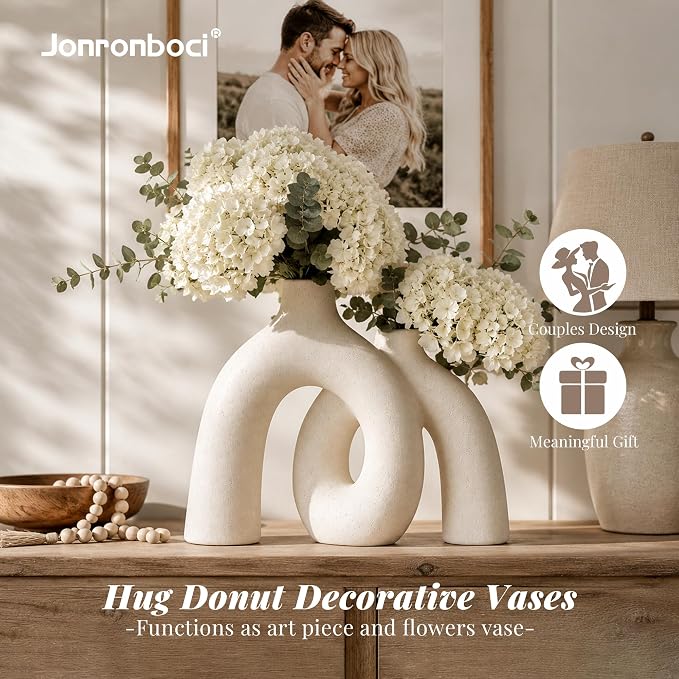 Hug Donut Decorative Vase Set - Modern Nordic Boho Style Vases Home Decor, Matte Ceramic Decorations for Living Room Shelf, Bookshelf Mantle Entryway Table or Console Décor (Cream White) - Image 2