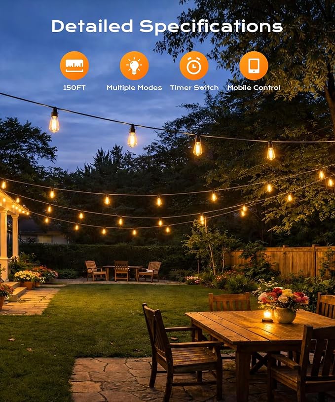 Outdoor String Lights, 150 FT Patio Lights for Outside, Smart App & Remote Control with Timer, Dimmable with 4 Scene Modes, Warm White Waterproof LED Bulbs for Garden, Yard and Backyard Decor - Image 2