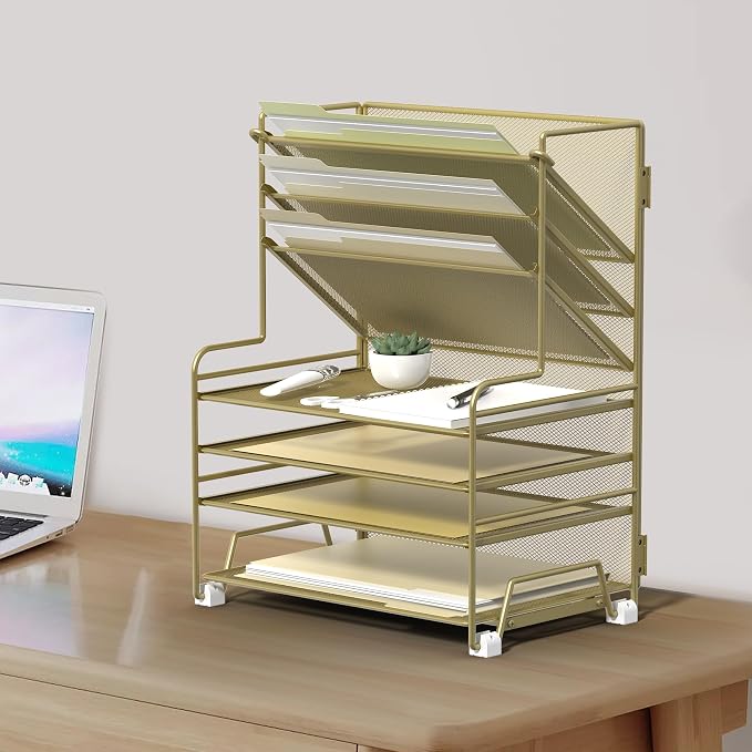MINDEPOT 4-Tier Paper Organizer + 3-Pocket File Holder + Drawer + Pen Holders, Desktop File Organizers Paper Tray for Office Supplies School Classroom Organization (Gold, no Drawer & Pen Holder) - Image 5