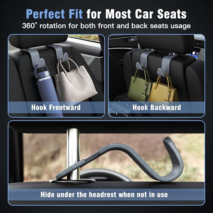 Amooca Car Seat Headrest Hook 4 Pack Hanger Universal Vehicle Car Storage Organizer for Handbag Purse Coat S Type Grey - Image 4