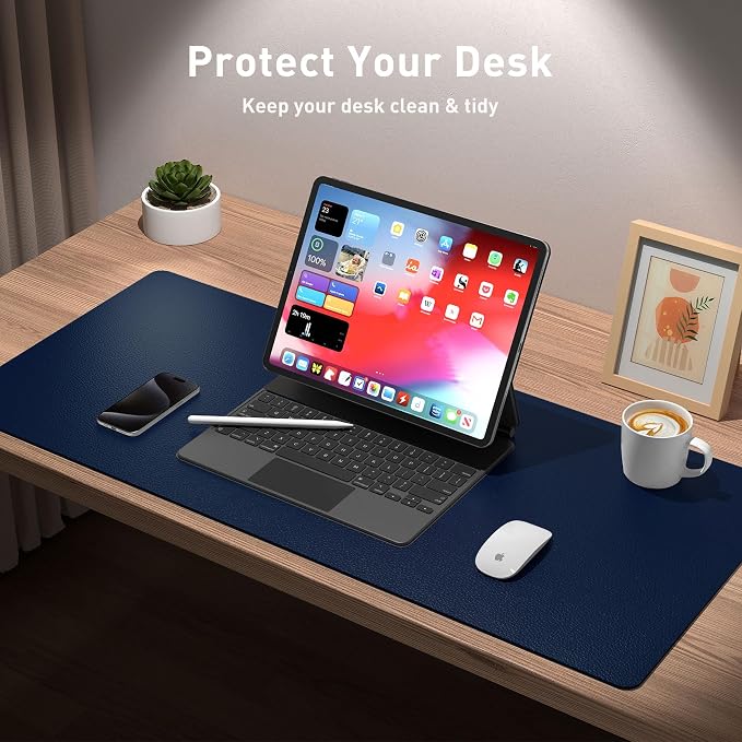 Aothia Leather Desk Pad Protector, Mouse Pad, Office Desk Mat, Non-Slip PU Leather Desk Blotter, Laptop Desk Pad, Waterproof Desk Writing Pad for Office and Home (48"x17", Dark Blue) - Image 3