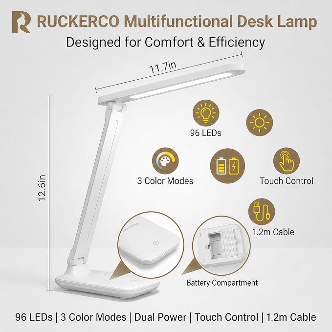 R RUCKERCO Led Desk Lamp Dimmable Desk Light Reading Lamp 3 Lighting Modes, Eye Protection Accessories, Study Desk Lamp Equipped USB Charger Suitable for Home Office is for Gift Giving - Image 5