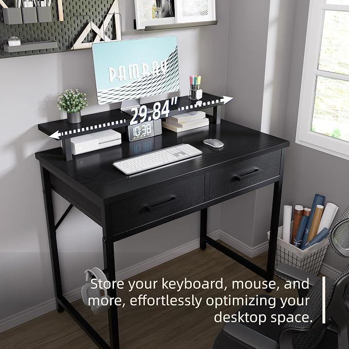 Pamray 32 Inch Small Computer Desk with Monitor Stand and 2 Drawers | Small Gaming Desk, for Bedroom Apartment and Dorm, for Study Work and Writing, Small Spaces, Sturdy, Easy Assembly - Image 4