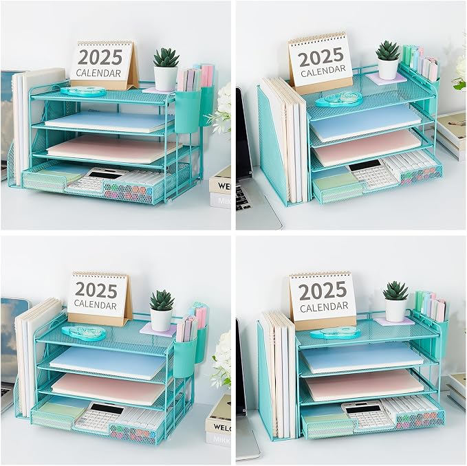 OPNICE Desk Organizer, 4-Tier Desktop File Organizer with Drawer and Pen Holders, Office Desk Accessories, File Sorters, Workspace Organizers for Office Supplies(Teal Blue) - Image 4