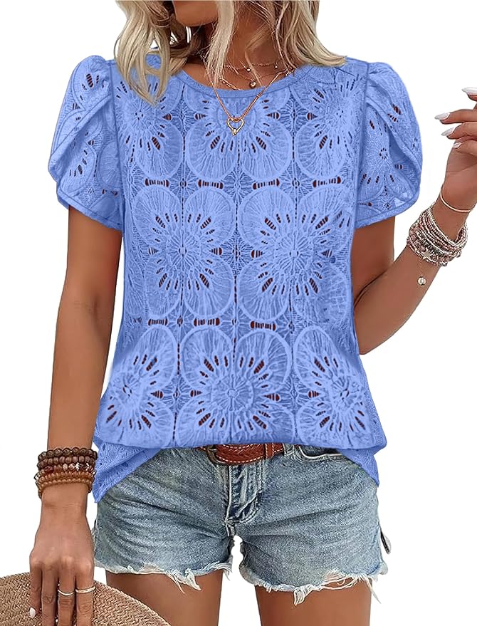 OFEEFAN Blouses for Women Dressy Casual Petal Short Sleeve Shirts Crochet Lace Boho Tops Spring Fashion Summer Outfits by OFEEFAN