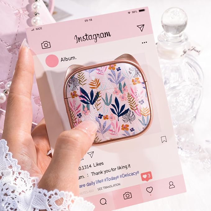 for AirPods 4 Case with Cleaning Kit, Cute Cat Ear Print Design & Cute Buckle, Inverted Phone Holder Design, Top Safe Lock Buckle Design, for Girls AirPods 4 case 2024, Rose Gold Leaves - Image 4