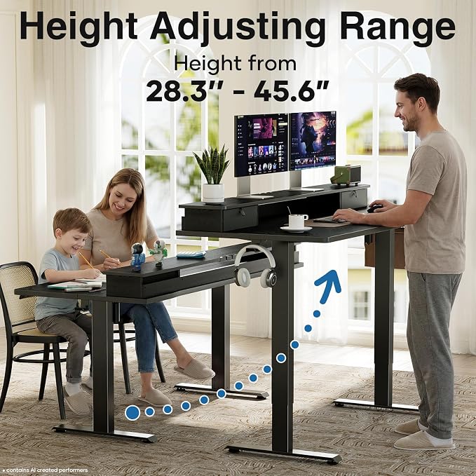 Veken 47x28 in Electric Standing Desk with Drawers, Adjustable Table, Black | Stand up Computer Desk for Home Office, Work & Study, with Storage, 3 Memory Presets, Cable Organizer, Hook, and Quiet Lift. - Image 5