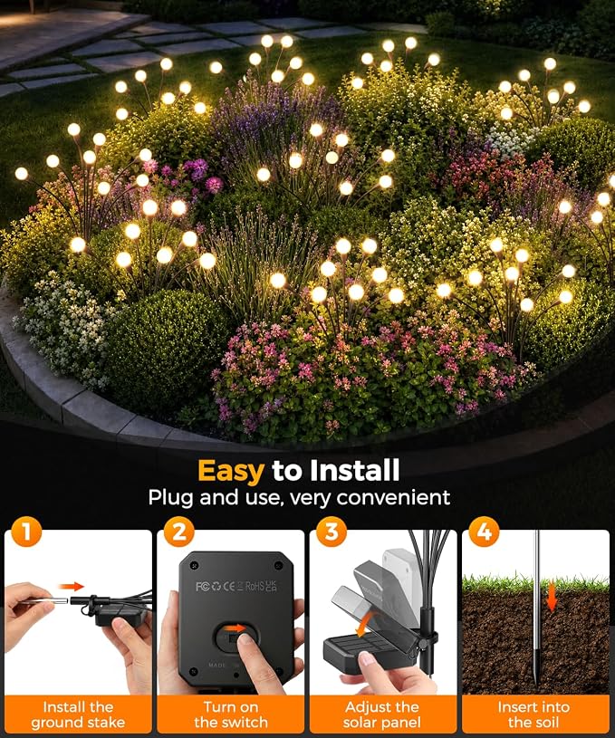 4 Pack Solar Garden Lights 32 LED, Solar Lights Outdoor Waterproof IP65, Decorative Garden Lights Solar Powered for Yard Patio Pathway Decor, Outside Fairy Firefly Lights Garden Gifts - Image 7