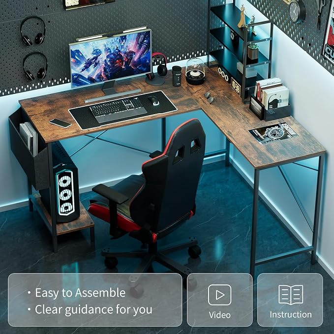 Alpen Corner Desk, L Shaped Gaming Desk with Storage Pocket and CPU Stand, Work Desk for Home Office, Small Corner Study Writing Table with Sturdy Metal Frame, 50 Inch, Rustic Brown - Image 7