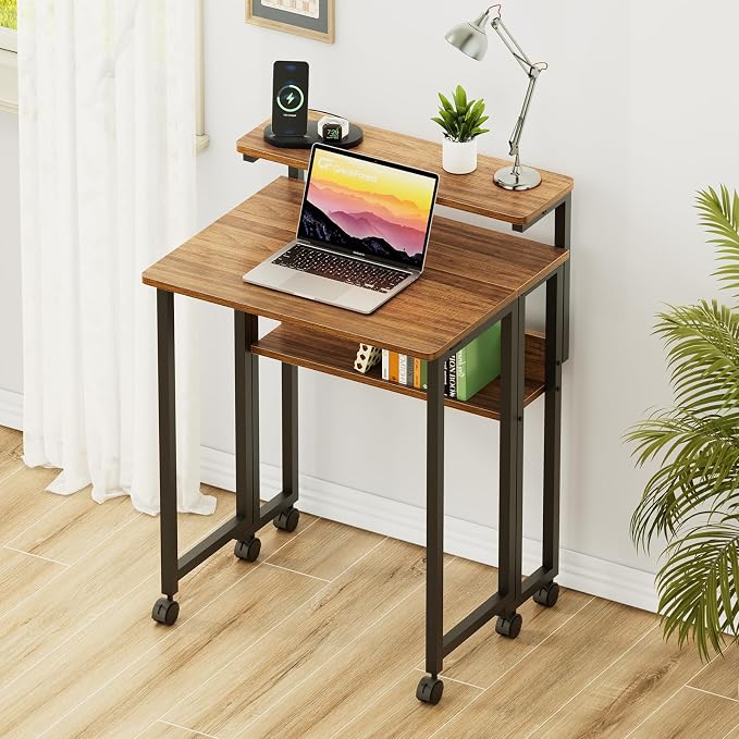 GreenForest Folding Desk with Adjustable Monitor Stand, 24.8 in Small Desk | Storage Shelf, Lockable Wheels, Portable, Space Saving, Mobile Rolling Table for Small Spaces, Home Office, Writing, Walnut - Image 2