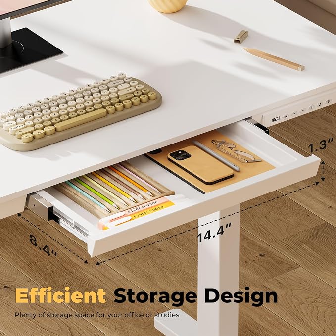 40" Electric Stand up Desk with Drawer, Height Adjustable | Sit Stand Home Office Desk with Storage, One-Piece Tabletop with USB Charging Ports, Quick Assembly Computer Desk on Wheels - Image 3