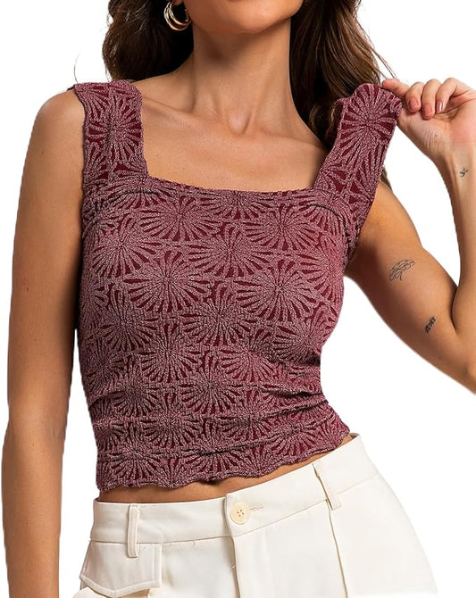 Women's Square Neck Wide Strap Crop Tank Tops Flower Going Out Tops Slim Fit Lettuce Trim Crop Cami Tops by NiceYourLife