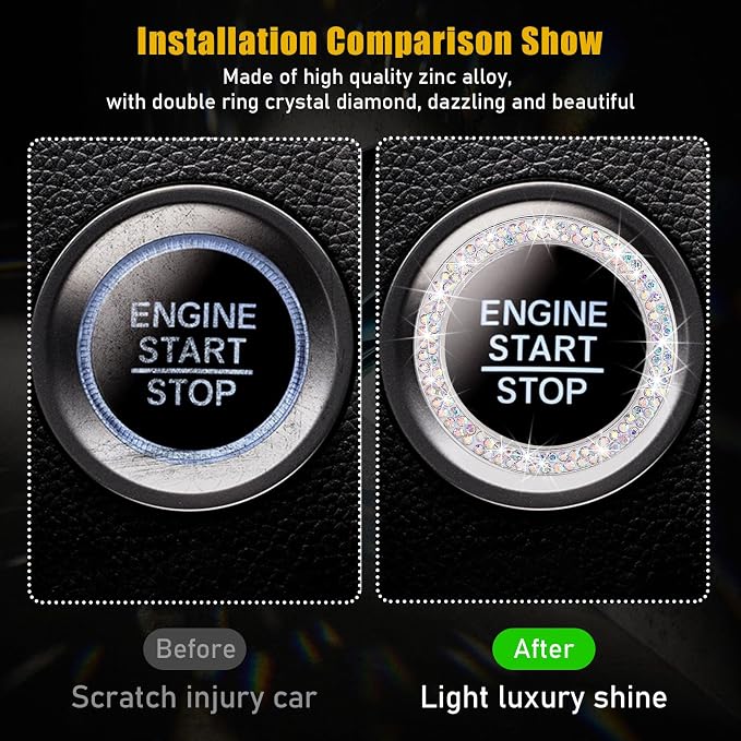 Kewucn Bling Crystal Double Rhinestone Car Engine Start Decoration Ring, Sparkling Push Start Button Sticker, Key Ignition & Knob Ring Decoration, Bling Car Interior Accessory(AB) - Image 3