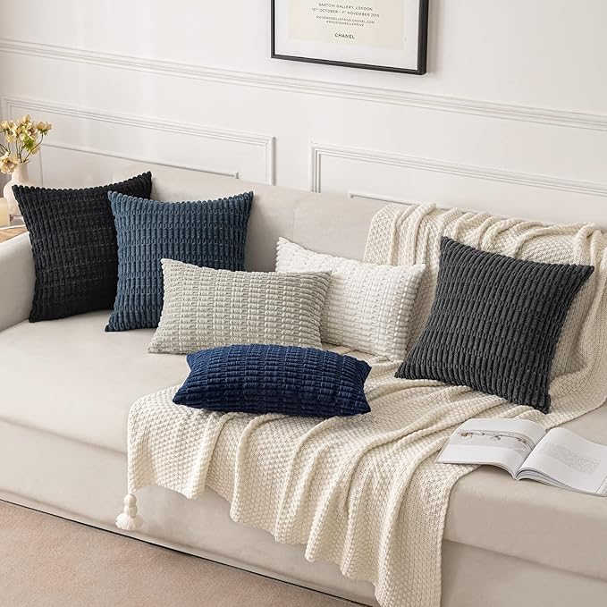 MIULEE Pack of 2 Corduroy Decorative Throw Pillow Covers 12x12 Inch Soft Boho Striped Pillow Covers Modern Farmhouse Home Decor for Summer Coastal Sofa Living Room Couch Bed Dark Blue - Image 2