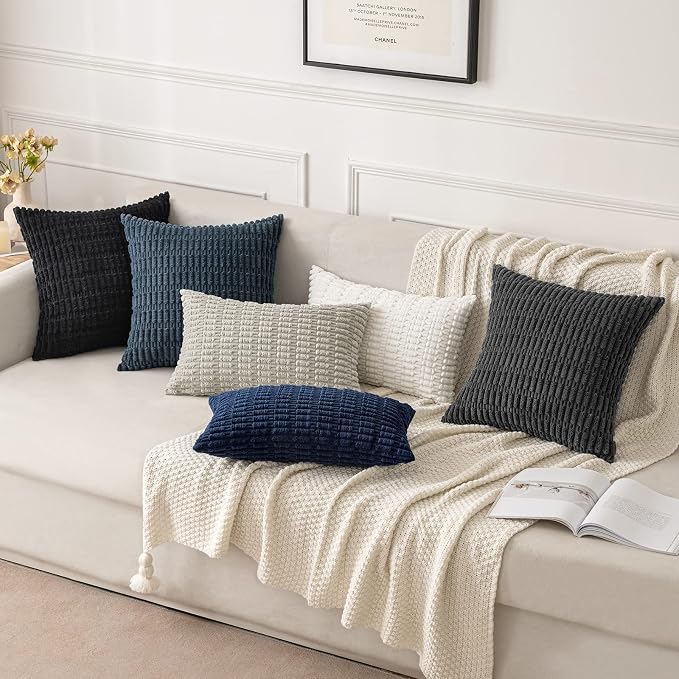 MIULEE Pack of 2 Corduroy Decorative Throw Pillow Covers 16x16 Inch Soft Boho Striped Pillow Covers Modern Farmhouse Home Decor for Summer Coastal Sofa Living Room Couch Bed Dark Blue - Image 2