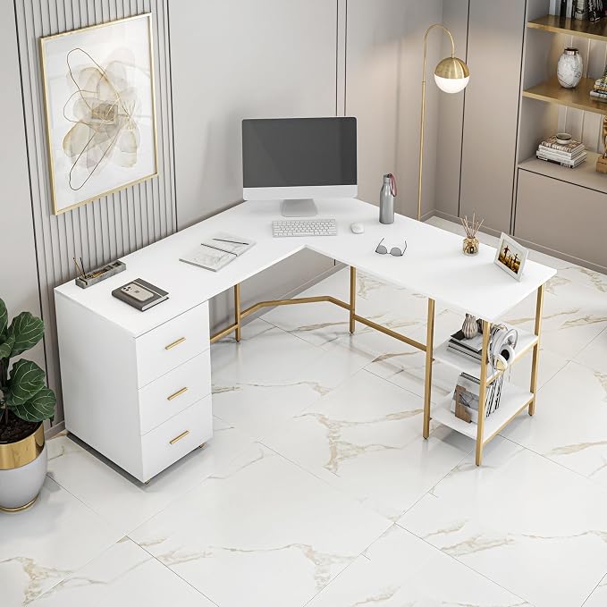Techni Mobili 59" Two-Tone L‑Shaped Office Desk with Storage Shelves, Gold | 59" two‑tone L‑shaped desk with storage shelves, durable frame, modern corner workstation, spacious home office writing space - Image 7
