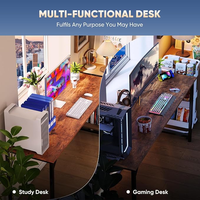 DUMOS 63 Inch Small Computer Desk, Gaming Desks for Home Office Bedroom | Modern Study Writing Work Table, Craft PC Desk Simple Workstation with Reinforcement Structure, Rustic Brown - Image 8