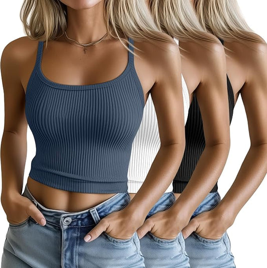 Ficerd 3 Pack Women's Tank Tops 95% Cotton Spaghetti Strap Ribbed Crop Camisole Slim Fitted Basic Summer Sleeveless Layer by Ficerd