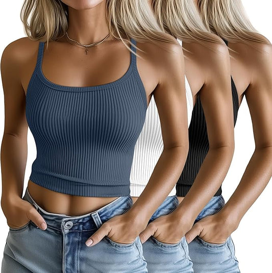 Ficerd 3 Pack Women's Tank Tops 95% Cotton Spaghetti Strap Ribbed Crop Camisole Slim Fitted Basic Summer Sleeveless Layer by Ficerd