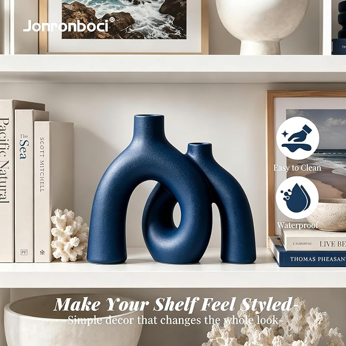 Hug Donut Decorative Vase Set - Navy Blue Vase, Modern Coastal Style Vases Home Decor, Matte Ceramic Decorations for Living Room Shelf, Bookshelf Mantle Entryway Table or Console Décor (Navy Blue) | Decorative Sculptural & Flower Vase for Living Room, ... - Image 3