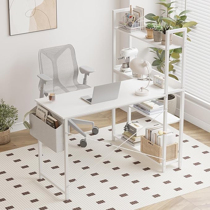 Treesland 55 Inch Computer Desk with Bookshelf, Corner Desk with Storage, L Shaped Desk, Home Office Desks, Writing Study Desk for Bedroom, White - Image 5