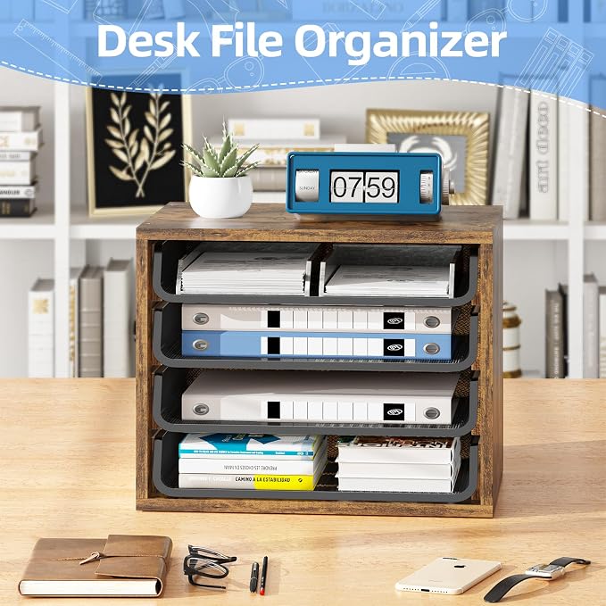 Simple Trending 4-Tier Desk File Organizer, Paper Organizer, Rustic Brown | Adjustable Letter Trays, Wood Desktop File Sorter, Farmhouse Style, for Office Home Classroom, 10.75"D x 15.2"W x 11.8"H - Image 3
