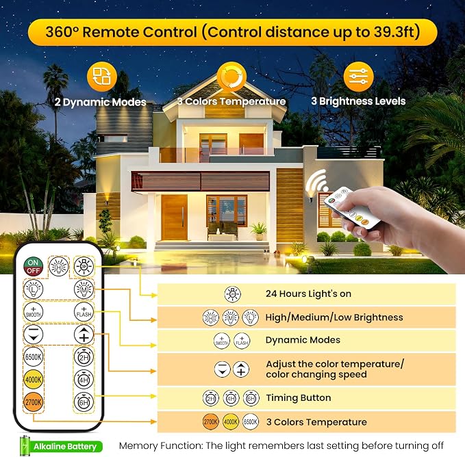 Landscape Lighting Kit 2700-6500K Dimmable Outdoor Spotlights 12 Pack | 3 brightness levels,2 dynamic mode,IP66 waterproof, remote timer & memory,plug and play. Ideal for yards, gardens & pathways - Image 5