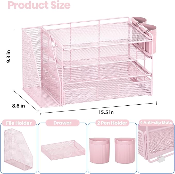 OPNICE Desk Organizer, 4-Tier Desktop File Organizer with Drawer and Pen Holders, Office Desk Accessories, File Sorters, Workspace Organizers for Office Supplies(Pink) - Image 6