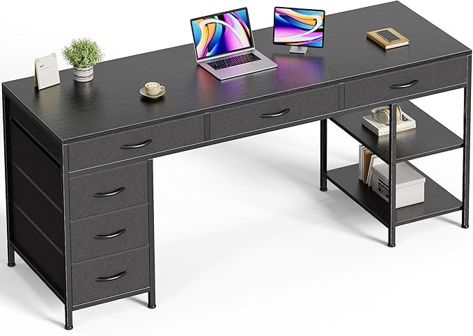 Huuger Computer Desk with 6 Drawers, Office Desk with Shelves, Reversible Gaming Desk, Corner Desk with Storage, Work for Home Office, Study, Living Room, 63inch, Black by Huuger