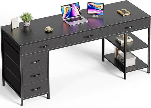 Huuger Computer Desk with 6 Drawers, Office Desk with Shelves, Reversible Gaming Desk, Corner Desk with Storage, Work for Home Office, Study, Living Room, 63inch, Black by Huuger