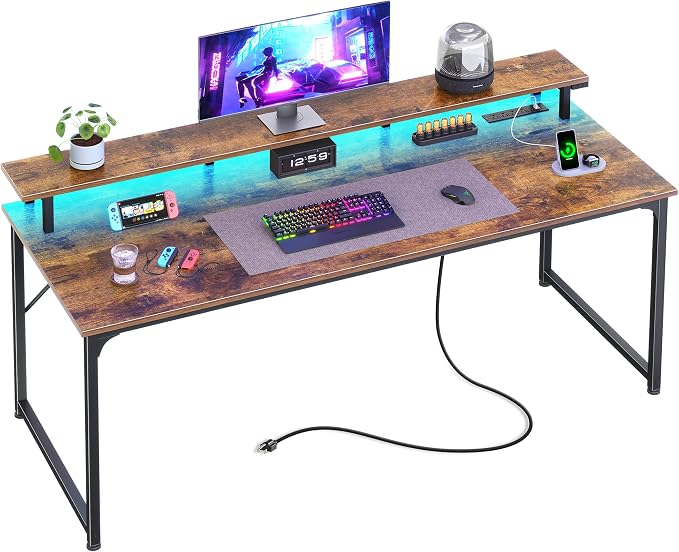PRAISUN 55 inch Gaming Desk, LED & Outlets, Monitor Stand, Rustic Brown | Sturdy PC Desk for Home Office, Study & Work, LED Lights, 4 AC Outlets & USB-C Charging Station by PRAISUN