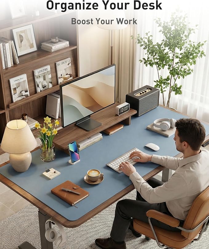 Aothia Faux Leather Desk Mat - Large Mouse Pad, Non-Slip PU Leather Blotter, Waterproof Writing Surface for Office and Home (Denim Blue, 63" x 17") - Image 8