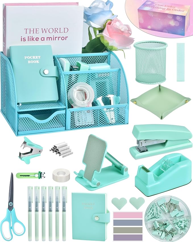 Green and Blue Desk Accessories, 26Pcs Office Supplies and Desk Organizers, with Tape Dispenser, Stapler, Staple Remover, Ect, Gift Box Packaging by StyleYourDeskinOneColor