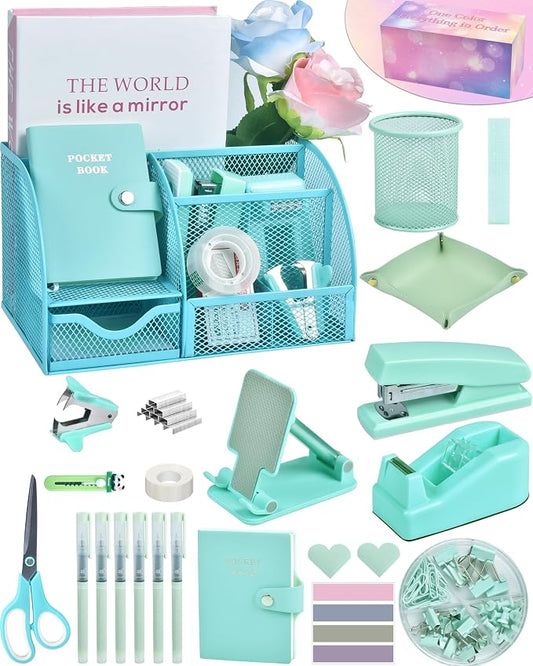 Green and Blue Desk Accessories, 26Pcs Office Supplies and Desk Organizers, with Tape Dispenser, Stapler, Staple Remover, Ect, Gift Box Packaging by StyleYourDeskinOneColor