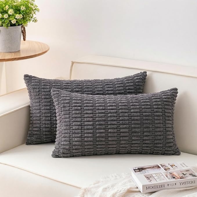 Aegero Pack of 2 Corduroy Decorative Throw Pillow Covers 12x24 Inch Soft Striped Pillow Covers Modern Farmhouse Home Decor for Sofa Living Room Couch Bed（Dark Grey） by Unknown