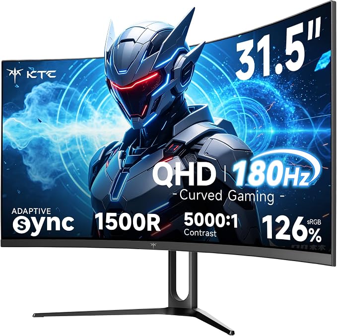 KTC 32 Inch Curved Gaming Monitor, QHD 2560x1440 180Hz Curve Monitors 1500R, Up to 185Hz, 1MS w/Adaptive Sync, 5000:1, HDMI Displayport, Tiltable, Eye Care, Vesa Mount H32S5 by KTC