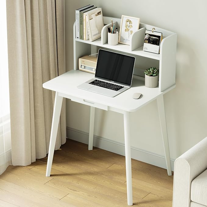 IOTXY Small Writing Desk with Hutch - 31.5" Work Computer Study Table | White , Storage Drawer, Space-saving for Home and Office, with Bookshelves by IOTXY