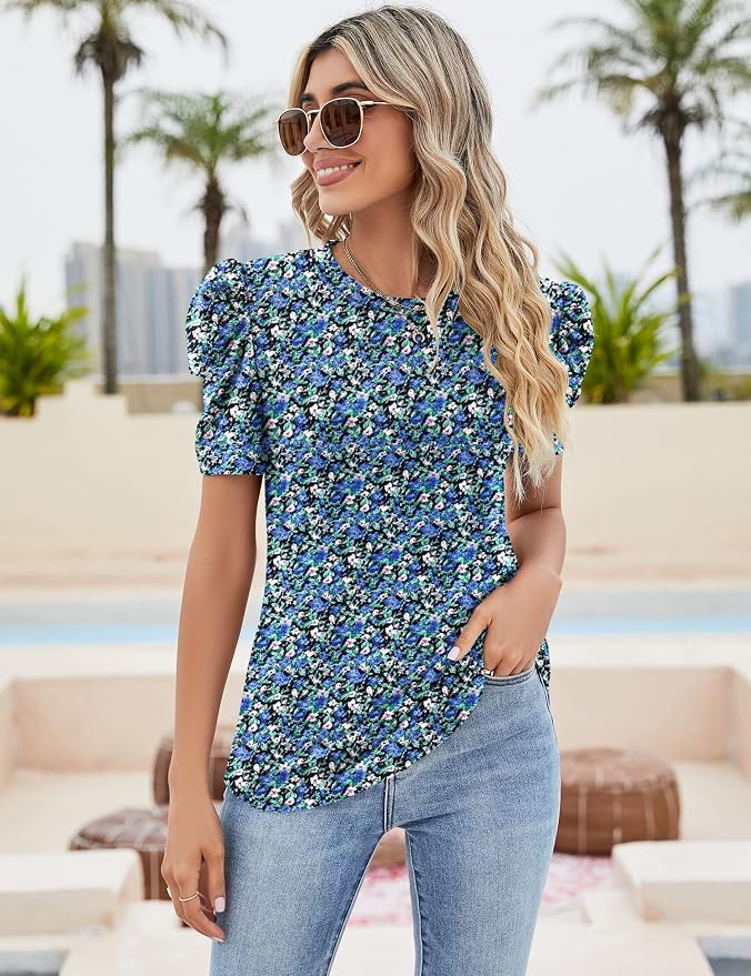 Ivicoer Puff Short Sleeve Shirt for Women Eyelet Tops Summer Crewneck Blouse Loose Fit S-XXL - Image 3