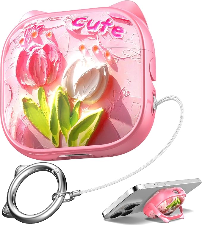 for AirPods 4 Case with Cleaning Kit, Cute Cat Ear Print Design & Cute Buckle, Inverted Phone Holder Design, Top Safe Lock Buckle Design, for Girls AirPods 4 case 2024, Tulip by MHYALUDO