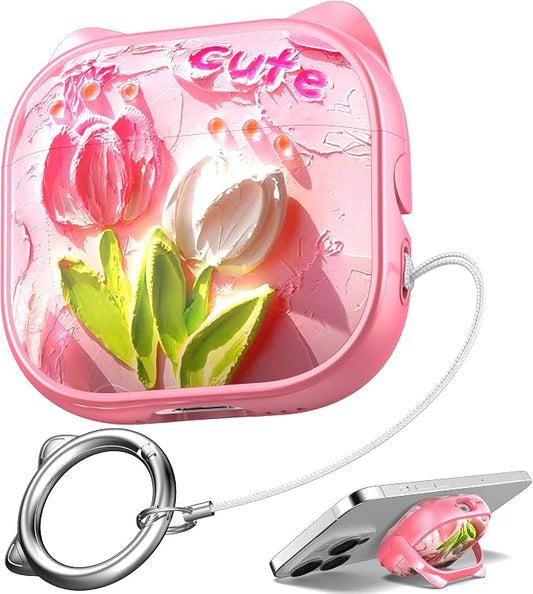 for AirPods 4 Case with Cleaning Kit, Cute Cat Ear Print Design & Cute Buckle, Inverted Phone Holder Design, Top Safe Lock Buckle Design, for Girls AirPods 4 case 2024, Tulip by MHYALUDO