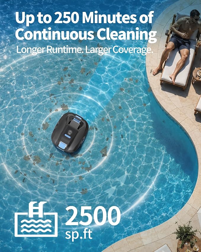 2026 Upgrade Robotic Pool Cleaner -Up to 250-Min Cordless Automatic Pool Vacuum Robot for Above Ground & Inground Pools -Powerful Suction Self-Parking for Swimming Pool up to2200 Sq. Ft Black - Image 3