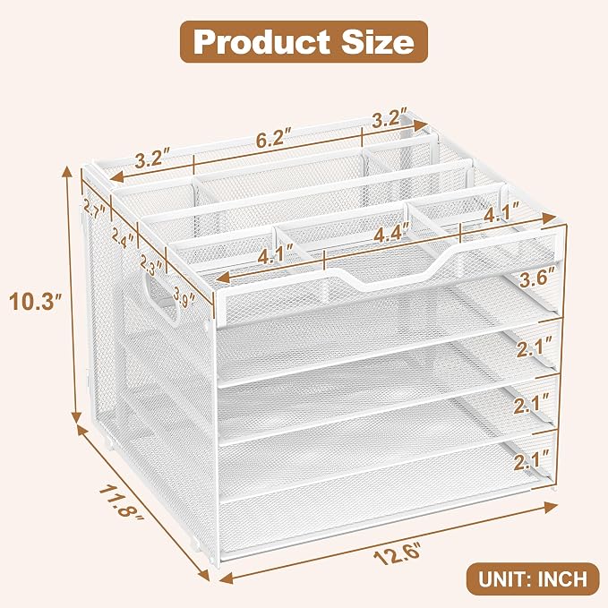Docnest 5 Tier Desk Organizer with Hanging File Folder Holder&Tray, White | Features 3 detachable pen holders and 4 removable dividers.Versatile mesh desktop storage for mail, document,office supplie - Image 2