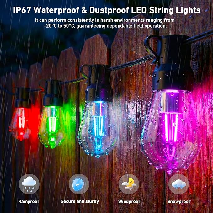 Outdoor String Lights,400FT Smart RGB+IC Patio Lights with Shatterproof LED Bulbs ,Outside Light Dimmable Patio for Decor DIY IP67 Waterproof ,Courtyard, garden,Holiday,LED lights more Scene Modes - Image 4
