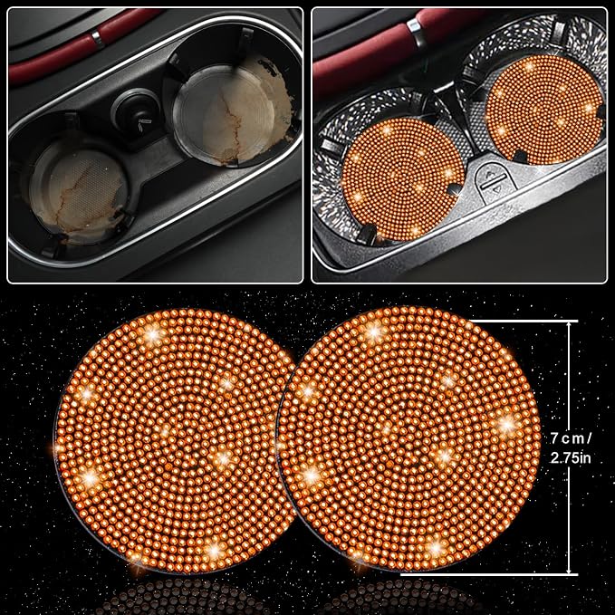 NBTEPEM 27 PCs Orange Bling Car Accessories Set for Women, Steering Wheel Covers Universal Fit 15 Inch, Bling License Plate Frame, Bling Phone Holder, Bling Car Coasters (Orange Diamond) - Image 7