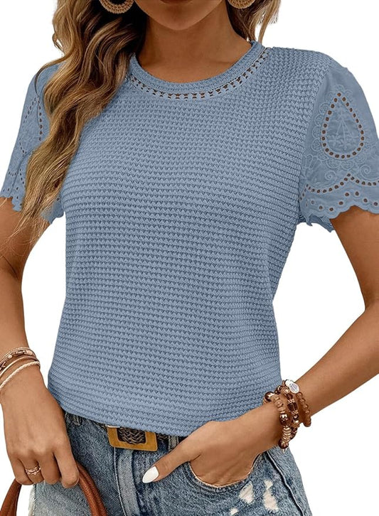 SHEWIN Womens Frenchy Summer Tops Crewneck Short Sleeve T Shirts Casual Waffle Knit Jacquard Blouses Top Shirts by SHEWINBeYourFashionStylist