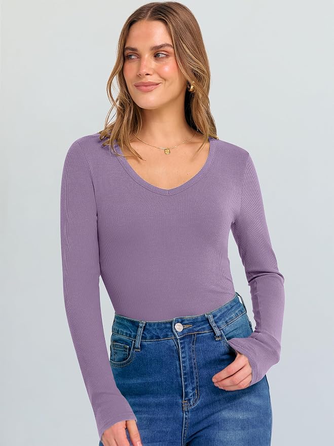 ANRABESS Long Sleeve V Neck Shirts for Women | Soft Comfy Ribbed Knit Fitted Tshirts, Casual Going Out Tops, 2026 Trendy Basic, Fall Winter Underscrub Layering Clothes - Image 7
