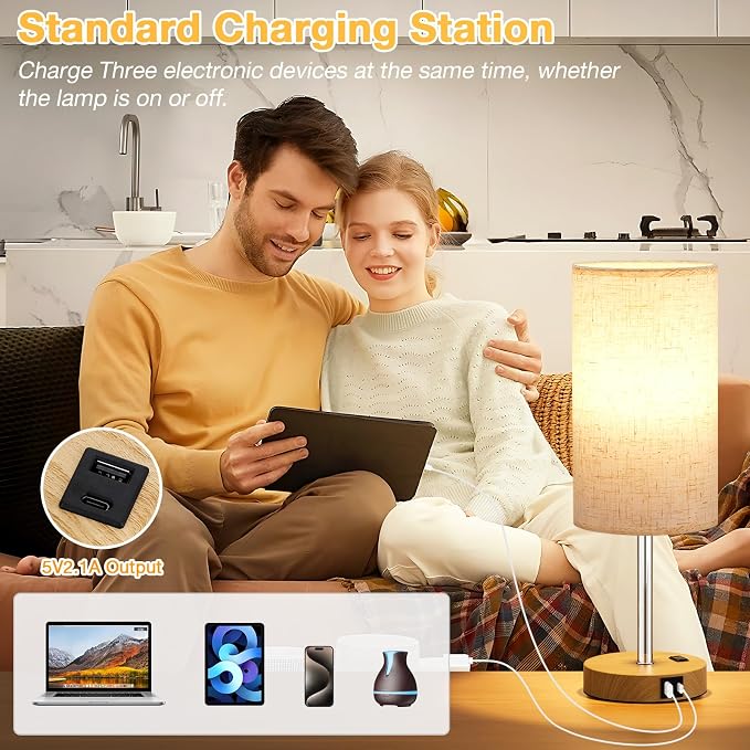 Dicoool 17.4" Bedside Lamp for Bedroom - Dimmable Touch, USB A+C, AC Outlet | LED Bulb Included, 3-Way Dimmable, 17.4" Table Lamp for Guest Room, Living Room, Fabric Lampshade, Wood-Grain Metal Base - Image 4