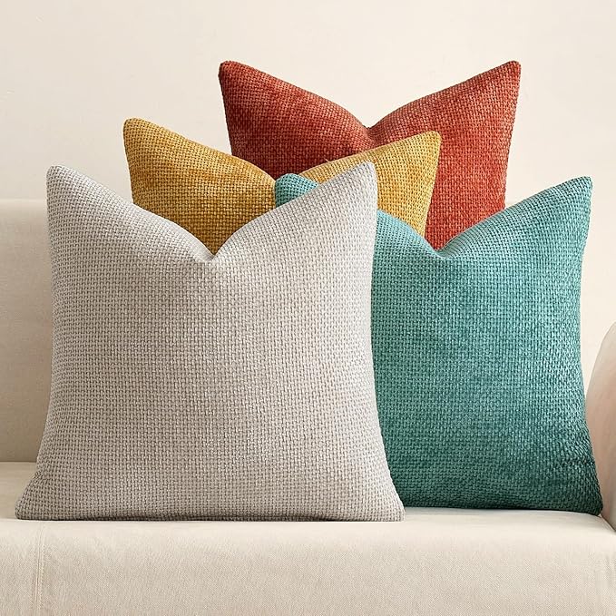 MIULEE Pack of 4 Couch Throw Pillow Covers 18x18 Inch Neutral Orange/Teal Soft Decorative Chenille Pillow Covers Farmhouse Accent Cushion Covers for Boho Fall Home Decor Sofa Bedroom Living Room by MIULEE