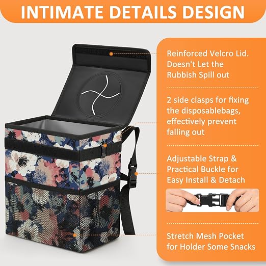 Vankor Car Trash Can for Car Cute, Trash Bag Bin Hanging Waterproof Automotive Garbage Cans Leak Proof Vehicle Trash Can Painting Floral - Image 4